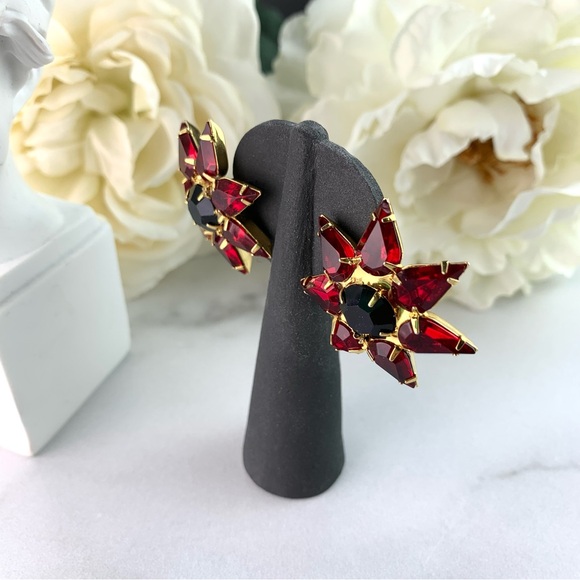 Vintage Gold Tone Starburst Bloody Red Rhinestone Large Earrings - Picture 2 of 14